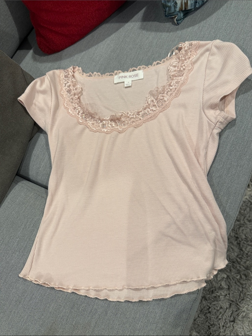 Pink Rose Light Blush Lace-Trim Ribbed Scoop Neck Camisole